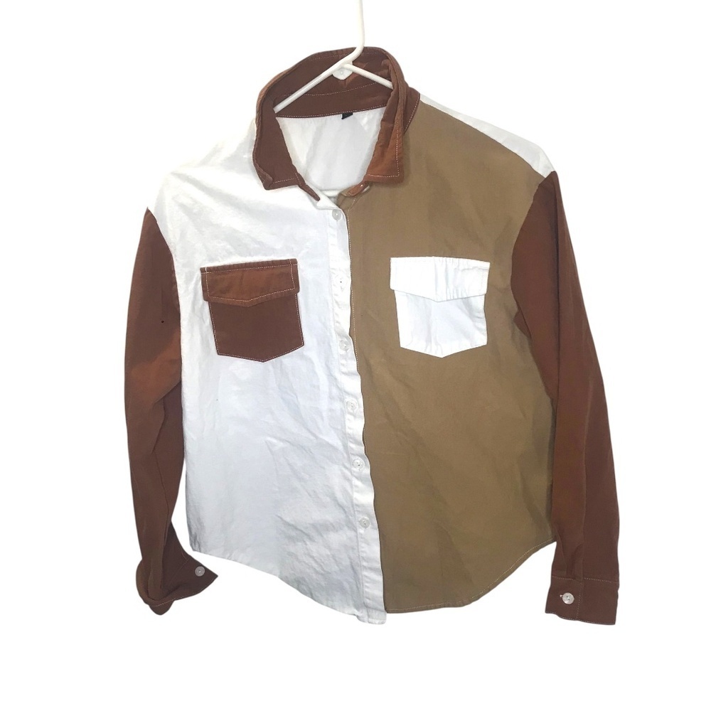 Earth Tone Color Block Button Down Shirt Brown Tan White